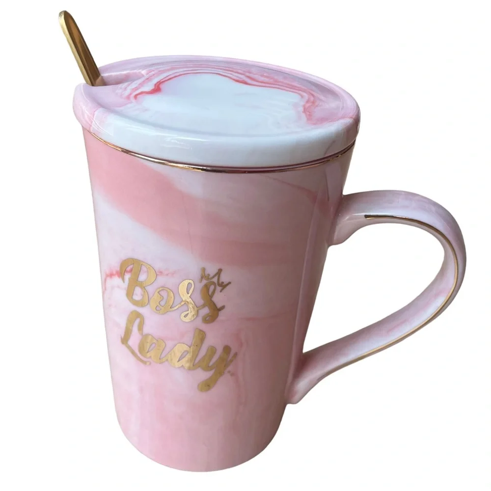 Boss Lady Ceramic Mug With Lid and Long Spoon Pink and White Marble 14 oz. - Picture 2 of 12